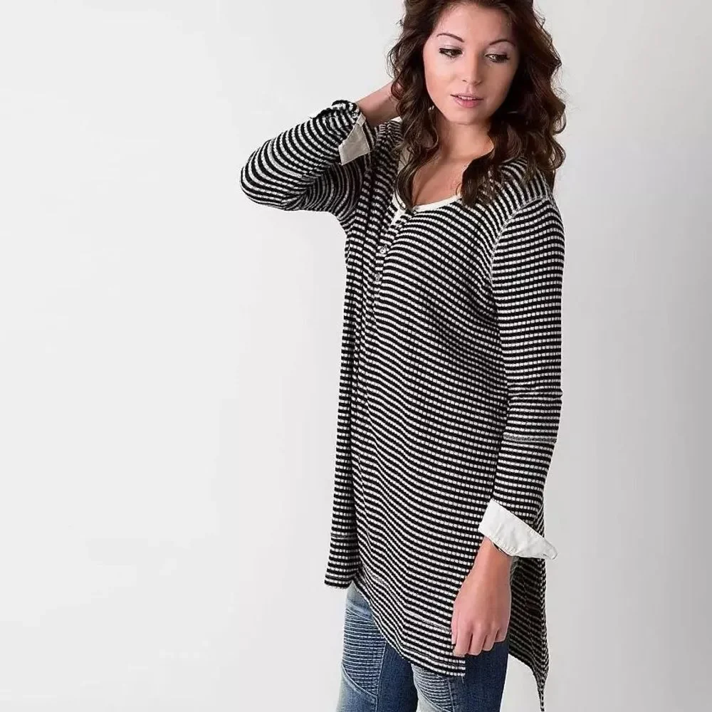 Free people Gwen Drippy Rib Henley tan black stripe long duster Boho Top XS